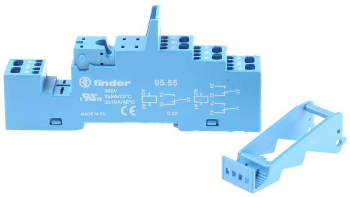 Zoccolo Finder 95.55SPA per relè serie 40.52, 40.61, 44.52, 44.62, 40.51, montaggio su guida DIN, 250V, 10A, 8 contatti.