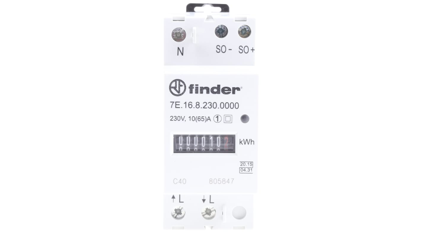 Finder 7E.16.8.230.0010, contatore di energia monofase per guida DIN, classe di precisione 1, dimensioni 89x35x56 mm.