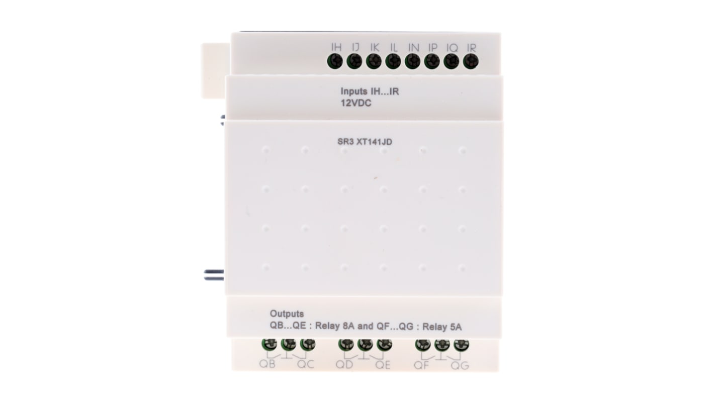 Modulo I/O Schneider Electric SR3XT141JD per guida DIN, 8 ingressi discreti, 6 uscite relè, dimensioni 107,6 x 72 x 59,5 mm.