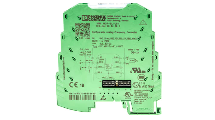 Condizionatore di segnale Phoenix Contact, 1 canale, ingresso 0-10 V, montaggio su guida DIN, dimensioni 6,2 x 93,1 x 101,2 mm.