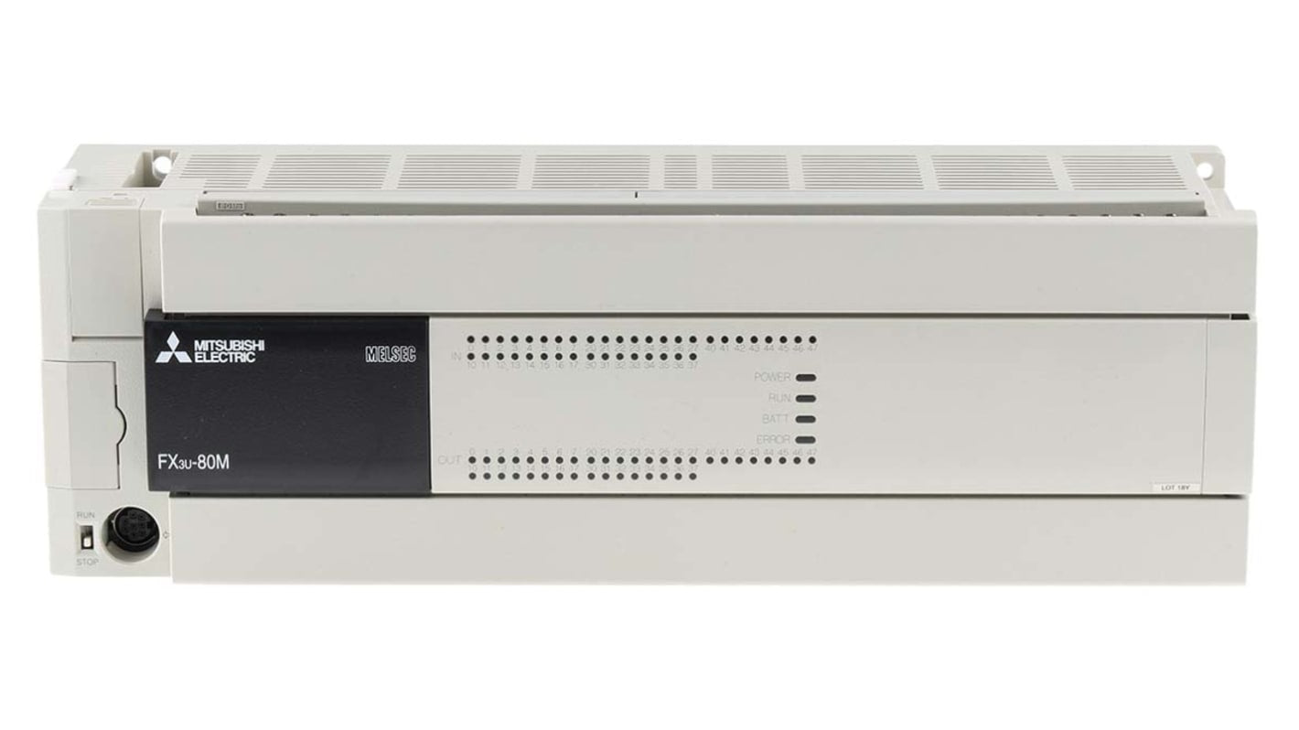 Modulo logico Mitsubishi Electric FX3U-80MT/DSS, 40 ingressi/uscite, montaggio su guida DIN, dimensioni 285 x 90 x 86 mm.