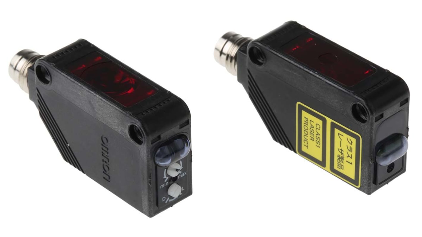 Sensore fotoelettrico Omron E3Z-LT86, rettangolare a fascio diretto, rilevamento fino a 60 m, uscita PNP, connettore M8 a 4 pin.