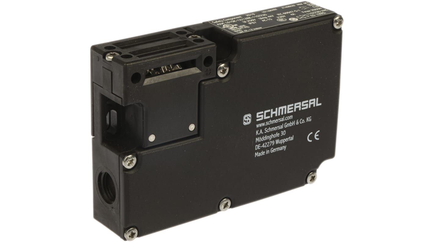 Interruttore di interblocco a solenoide Schmersal AZM 161, 110/230V, IP67, dimensioni 90x30x130mm, forza di tenuta 2000N.
