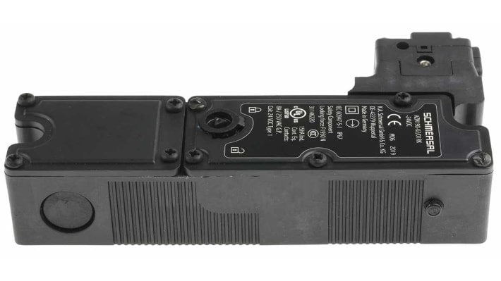 Interruttore di interblocco a solenoide Schmersal AZM190-02/01RK-24VDC, 2NC/1NA, IP67, dimensioni 41x29,5x178mm.