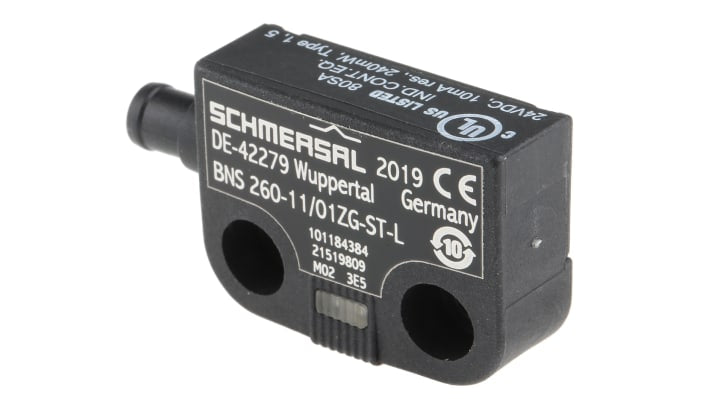 Interruttore di sicurezza senza contatto Schmersal BNS 260-11/01ZG-ST-L, 24V cc, custodia plastica, protezione IP67, dimensioni 52mm x 36mm x 13mm.