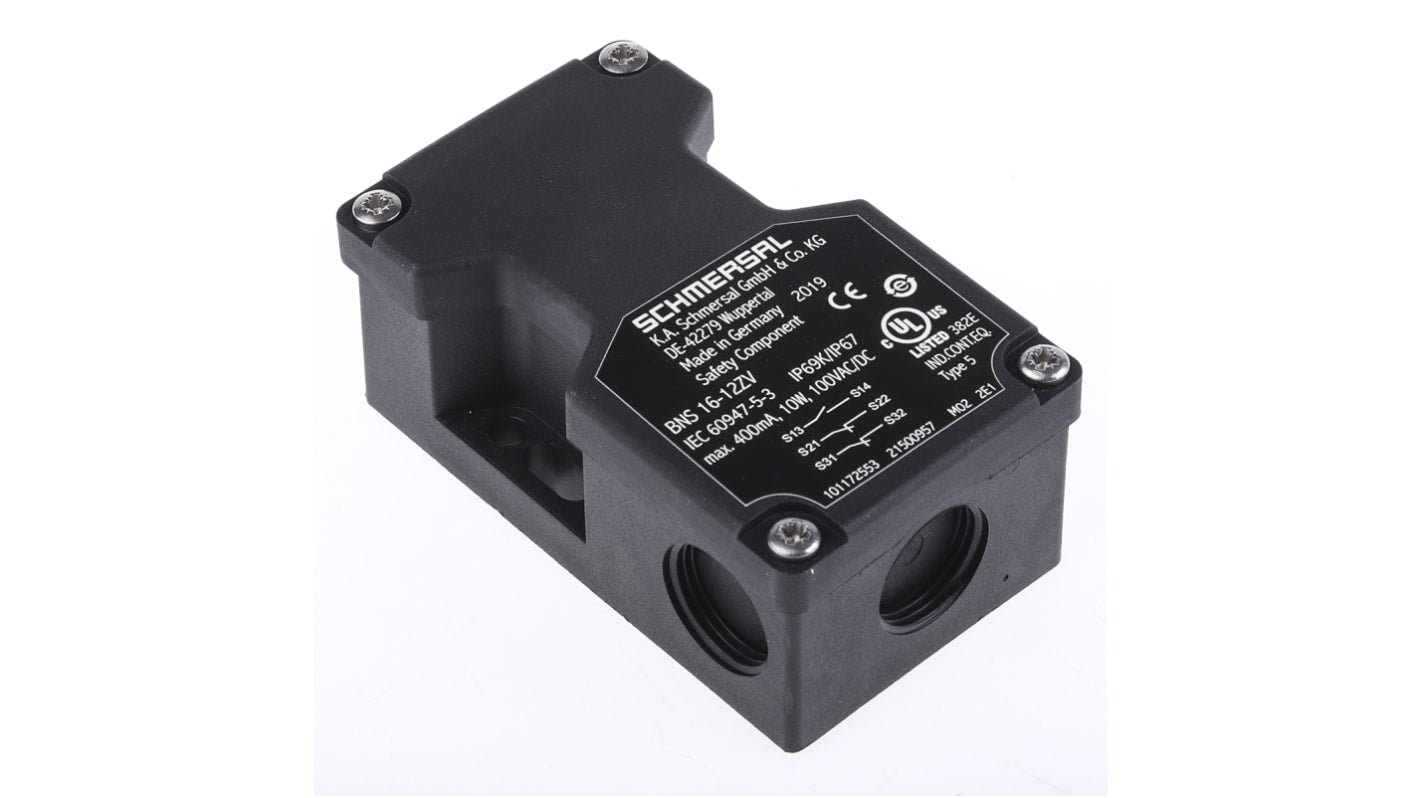 Interruttore di sicurezza Schmersal BNS16 12ZV, M12, contatti 2NO/NC, grado di protezione IP67, dimensioni 90mm x 52mm x 38.5mm.