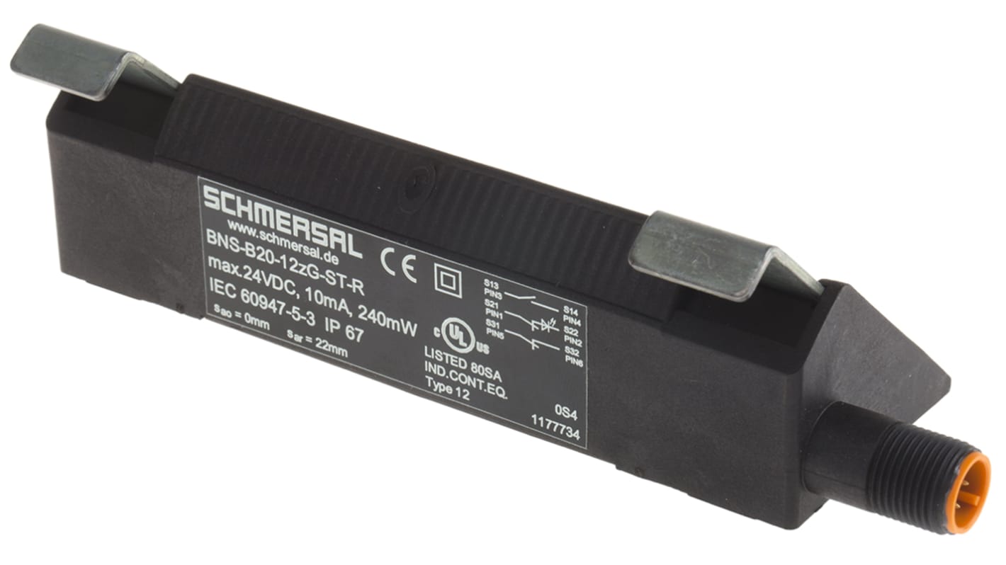 Interruttore di sicurezza senza contatto Schmersal BNS-B20-12zG-ST-R, tensione 24V cc, protezione IP67, dimensioni 119.5 x 140 x 43.3 mm.