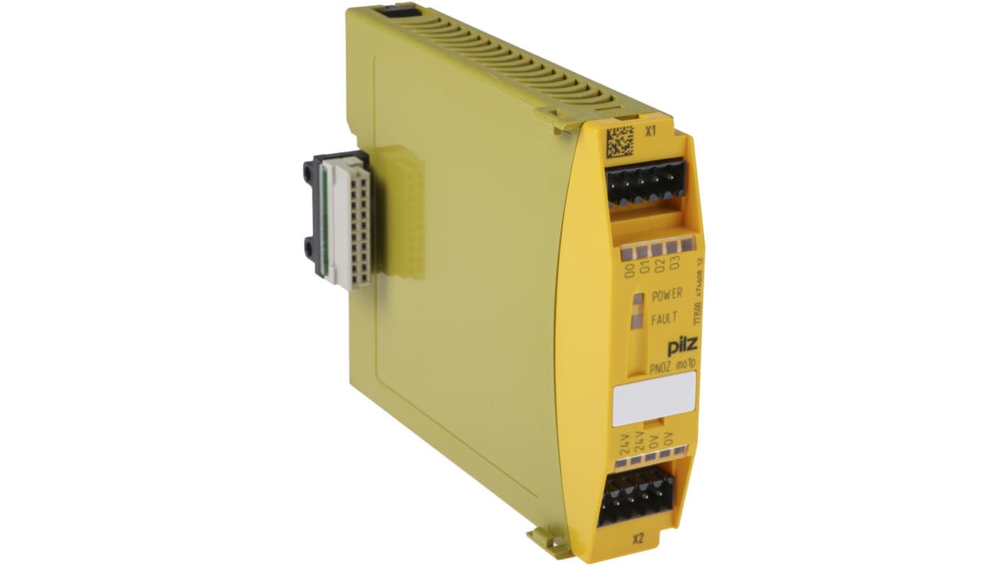 Modulo d'uscita Pilz 773500, 5 uscite, 24 V c.c., montaggio su guida DIN, dimensioni 94 x 22,5 x 121 mm.