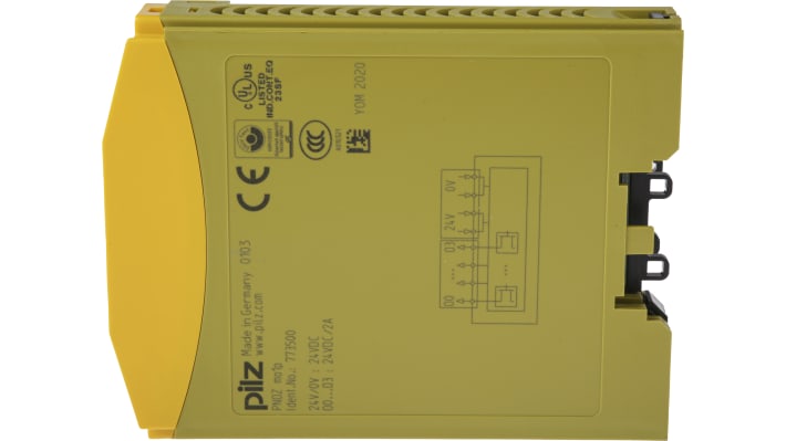 Modulo d'uscita Pilz 773500, 5 uscite, 24 V c.c., montaggio su guida DIN, dimensioni 94 x 22,5 x 121 mm.