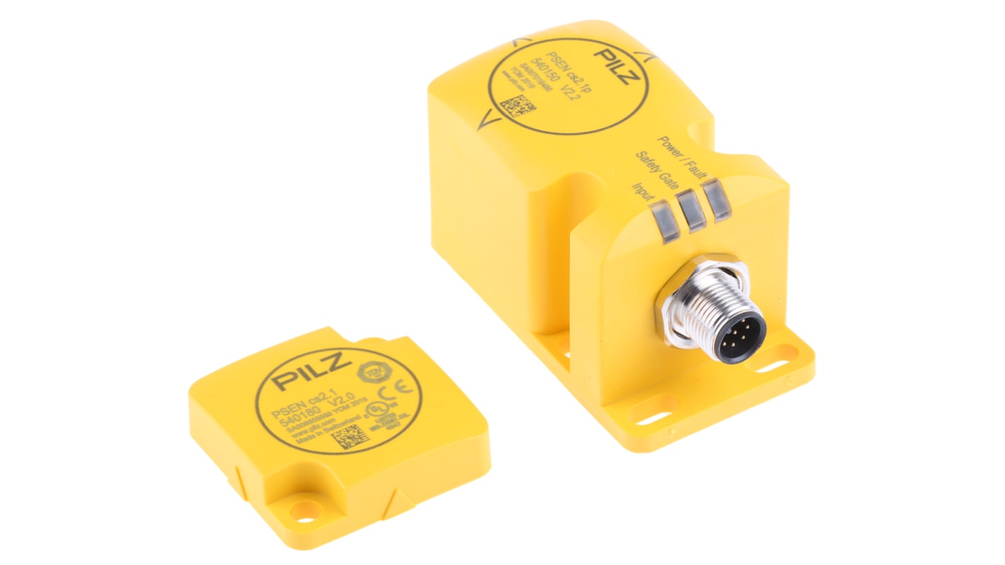 Interruttore di sicurezza senza contatto Pilz PSENmag, 24V cc, grado di protezione IP67, attuatore incluso, dimensioni 75x40x40 mm.