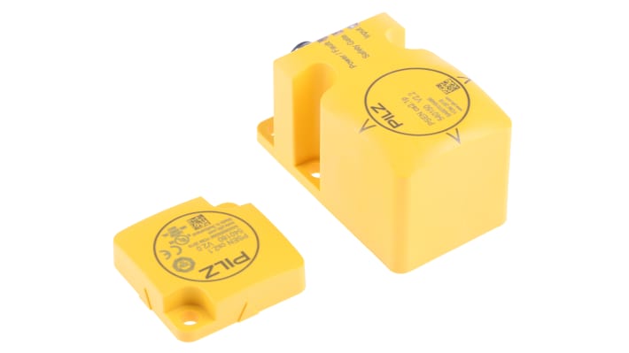Interruttore di sicurezza senza contatto Pilz PSENmag, 24V cc, grado di protezione IP67, attuatore incluso, dimensioni 75x40x40 mm.