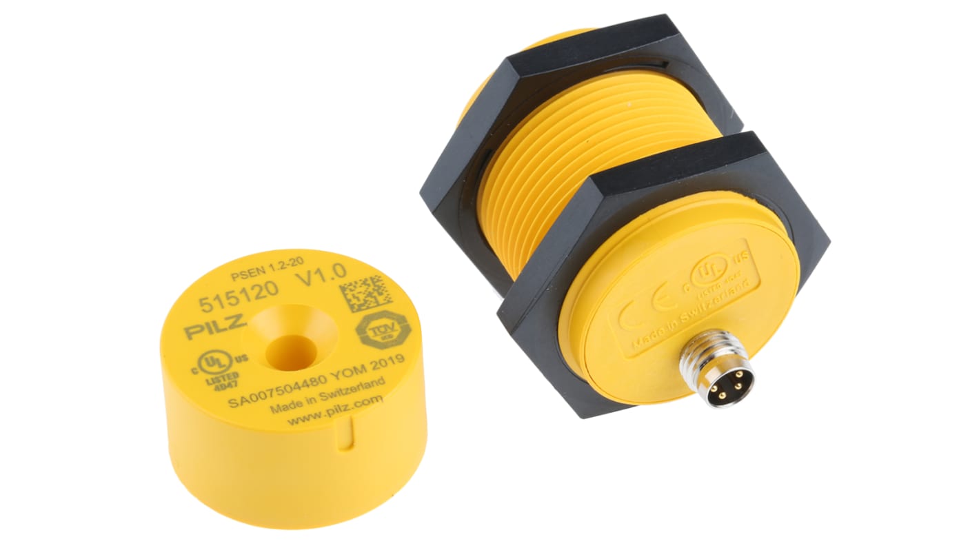 Interruttore di sicurezza senza contatto Pilz PSENmag, design rotondo M30, 24V cc, grado di protezione IP65/IP67.