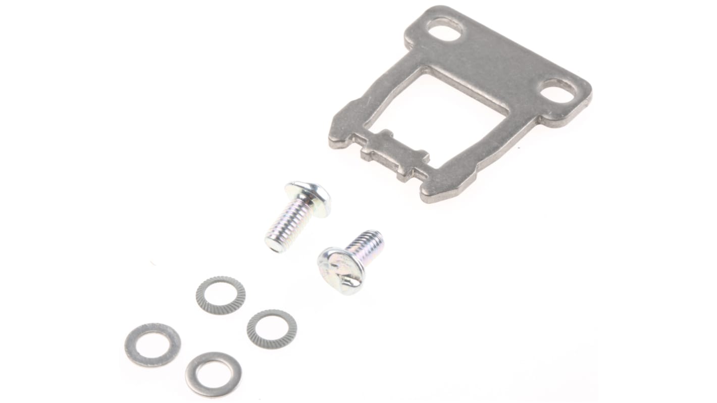 Attuatore Schmersal AZ 17/170-B1 in acciaio inox, progettato per interruttori di sicurezza, con viti antimanomissione e fori per installazione rapida.