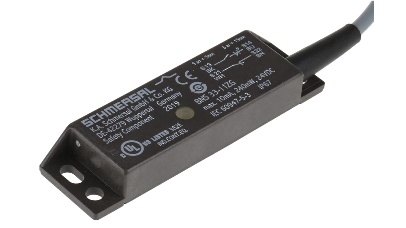 Interruttore di sicurezza senza contatto Schmersal BNS 33-11ZG-2M, 24V cc, IP67, dimensioni 88x25x13mm, con indicatore LED.