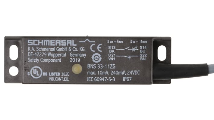 Interruttore di sicurezza senza contatto Schmersal BNS 33-11ZG-2M, 24V cc, IP67, dimensioni 88x25x13mm, con indicatore LED.