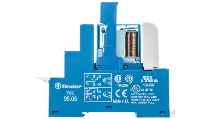 Finder 48.52.7.012.0050SPA, relè d'interfaccia DPDT per guida DIN, bobina 12V cc, dimensioni 15.8 x 75.3 x 78.6 mm.