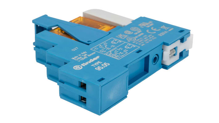 Finder 48.52.8.230.0060SPA, relè d'interfaccia DPDT per guida DIN, 230V ca, 8A, dimensioni 15.8 x 75.3 x 78.6 mm.