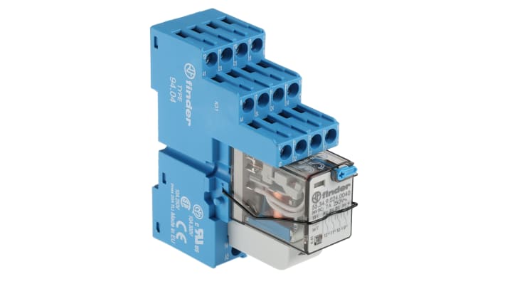 Finder 58.34.9.024.0050SMA, modulo relè d'interfaccia 4PDT, bobina 24V cc, montaggio su guida DIN, dimensioni 15.8 x 75.3 x 78.6 mm.