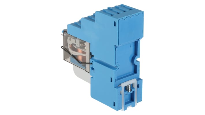 Finder 58.34.9.024.0050SMA, modulo relè d'interfaccia 4PDT, bobina 24V cc, montaggio su guida DIN, dimensioni 15.8 x 75.3 x 78.6 mm.