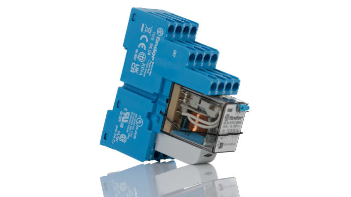 Finder 58.34.9.012.0050SMA, relè d'interfaccia 4PDT per guida DIN, tensione 12V cc, dimensioni 76 x 27 x 73 mm.