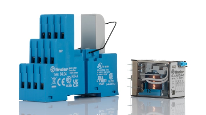 Finder 58.34.9.012.0050SMA, relè d'interfaccia 4PDT per guida DIN, tensione 12V cc, dimensioni 76 x 27 x 73 mm.