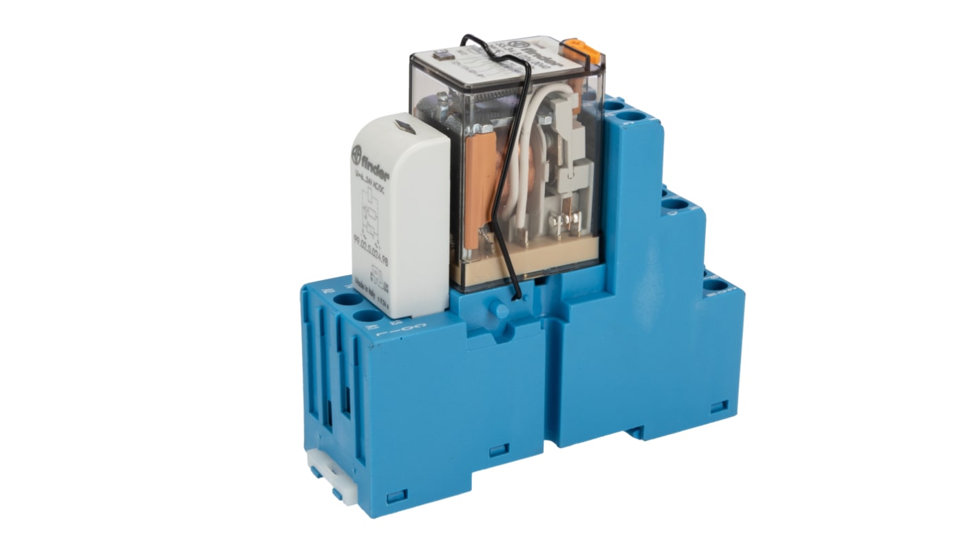 Finder 58.34.8.024.0060SMA, relè d'interfaccia 4PDT per guida DIN, tensione 24V, dimensioni 27 x 73 x 78.4 mm.