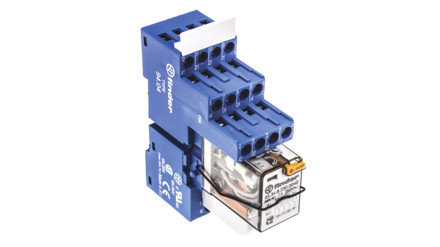 Finder 58.34.8.230.0060SMA, relè d'interfaccia 4PDT per guida DIN, tensione 230V, corrente 7A, dimensioni 27 x 73 x 78.4 mm.