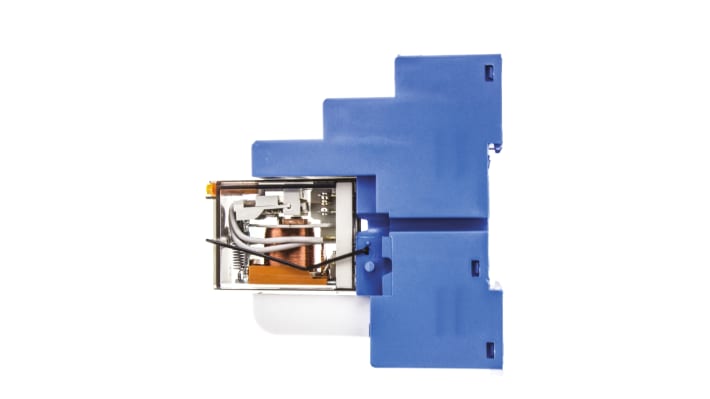 Finder 58.34.8.230.0060SMA, relè d'interfaccia 4PDT per guida DIN, tensione 230V, corrente 7A, dimensioni 27 x 73 x 78.4 mm.