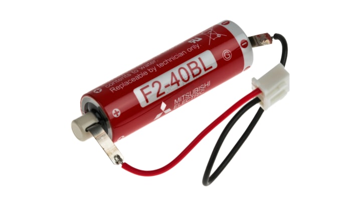 Alimentatore PLC Mitsubishi Electric F2-40BL per serie FX2N, montaggio su guida DIN, dimensioni 90x87 mm, capacità 2450mAh.