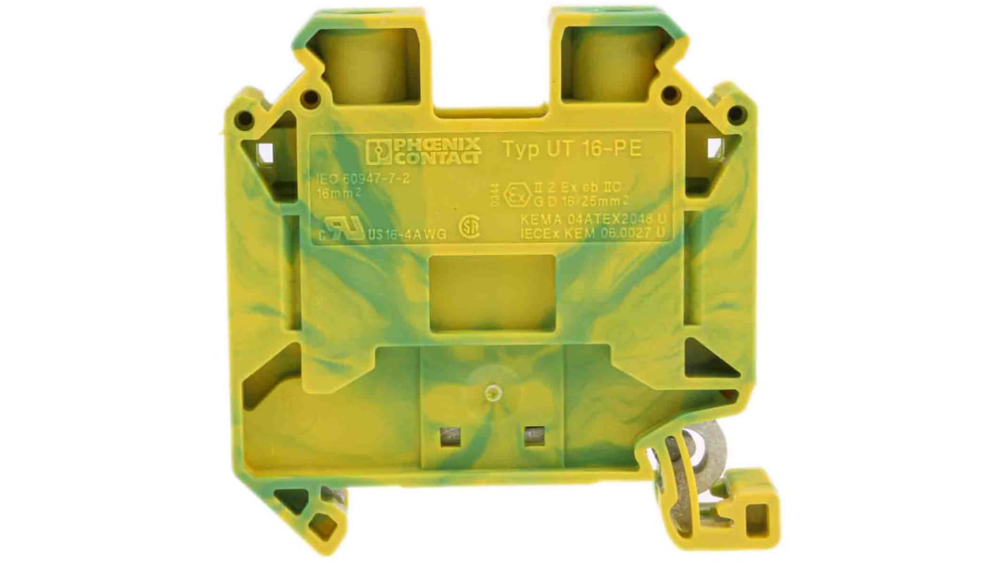 Morsettiera di messa a terra Phoenix Contact UT 16-PE - 3044212, isolamento PA, verde/giallo, ATEX, resistente a sovratensioni 8 kV, installazione su guida DIN, basso consumo.