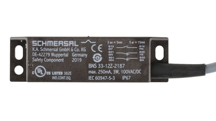Interruttore di sicurezza Schmersal BNS 33-12Z-2187-2M, magnetico, IP67, montaggio a scomparsa, dimensioni 88x50x13mm.