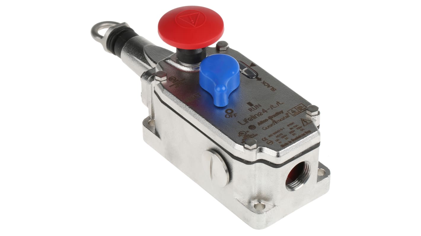 Interruttore a fune Allen Bradley Guardmaster 440E-L22BNSM, configurazione 2NA/2NC, cavo 75m, montaggio Diritto, grado di protezione IP66/IP69K.