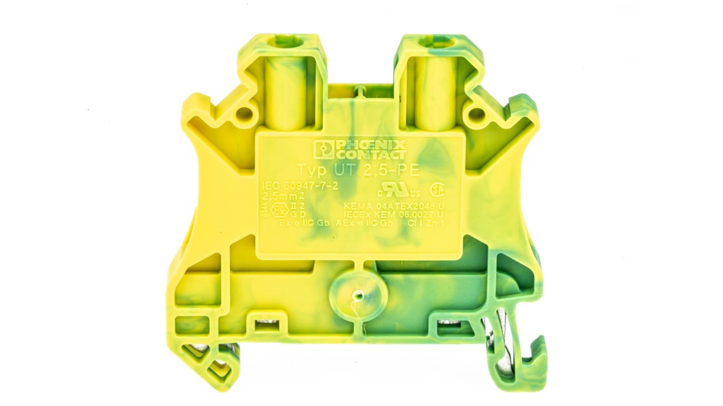 Morsettiera di messa a terra Phoenix Contact 3044092, 2 collegamenti, 26-12 AWG, Verde/Giallo - Certificata ATEX, resistente agli urti, ideale per impianti elettrici.