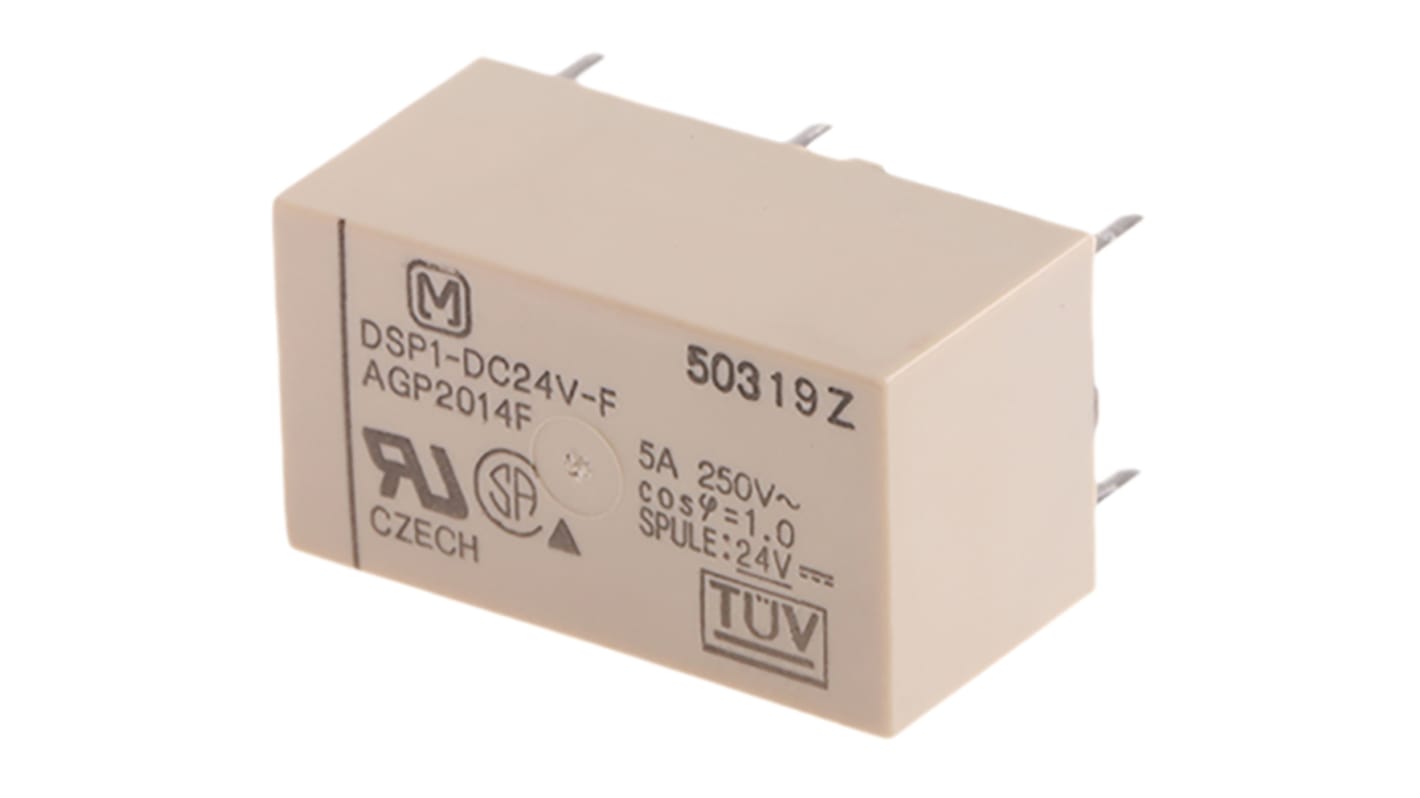 Relè monostabile Panasonic DSP124F per circuito stampato, 24V cc, DPST, dimensioni 20,2 x 11 x 10,5 mm, vita 50 milioni di cicli.