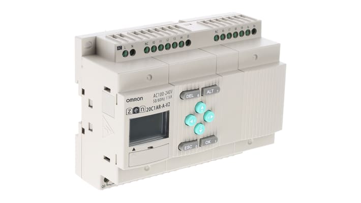 Modulo logico Omron ZEN-20C1AR-A-V2 per guida DIN, 12 ingressi, 8 uscite relè, dimensioni 94,7 x 70 x 56 mm.