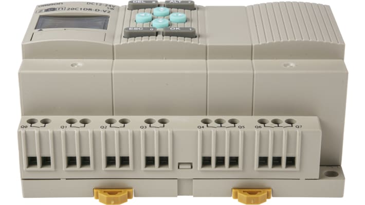 Modulo logico Omron ZEN-20C1DR-D-V2 per guida DIN, 12 ingressi, 8 uscite relè, dimensioni 94,7 x 70 x 56 mm, alimentazione 12-24 VDC.