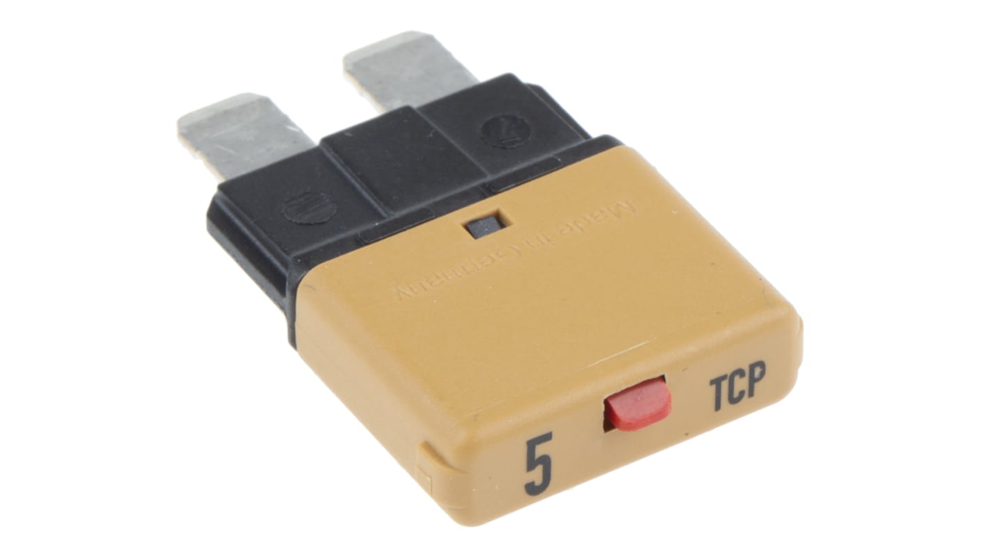 Interruttore termico Phoenix Contact TCP5, 5 A, 32 V cc, design compatto, installazione senza utensili, dimensioni 24 x 6 x 20.3 mm.