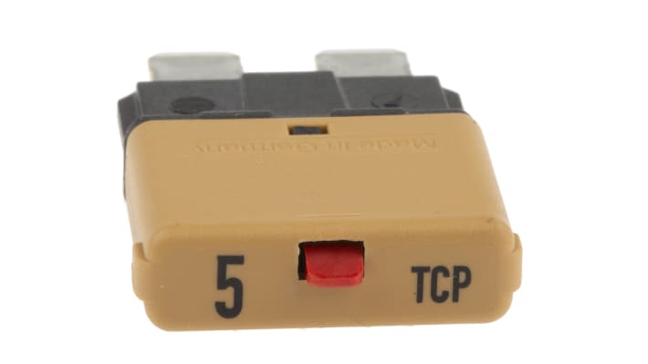 Interruttore termico Phoenix Contact TCP5, 5 A, 32 V cc, design compatto, installazione senza utensili, dimensioni 24 x 6 x 20.3 mm.