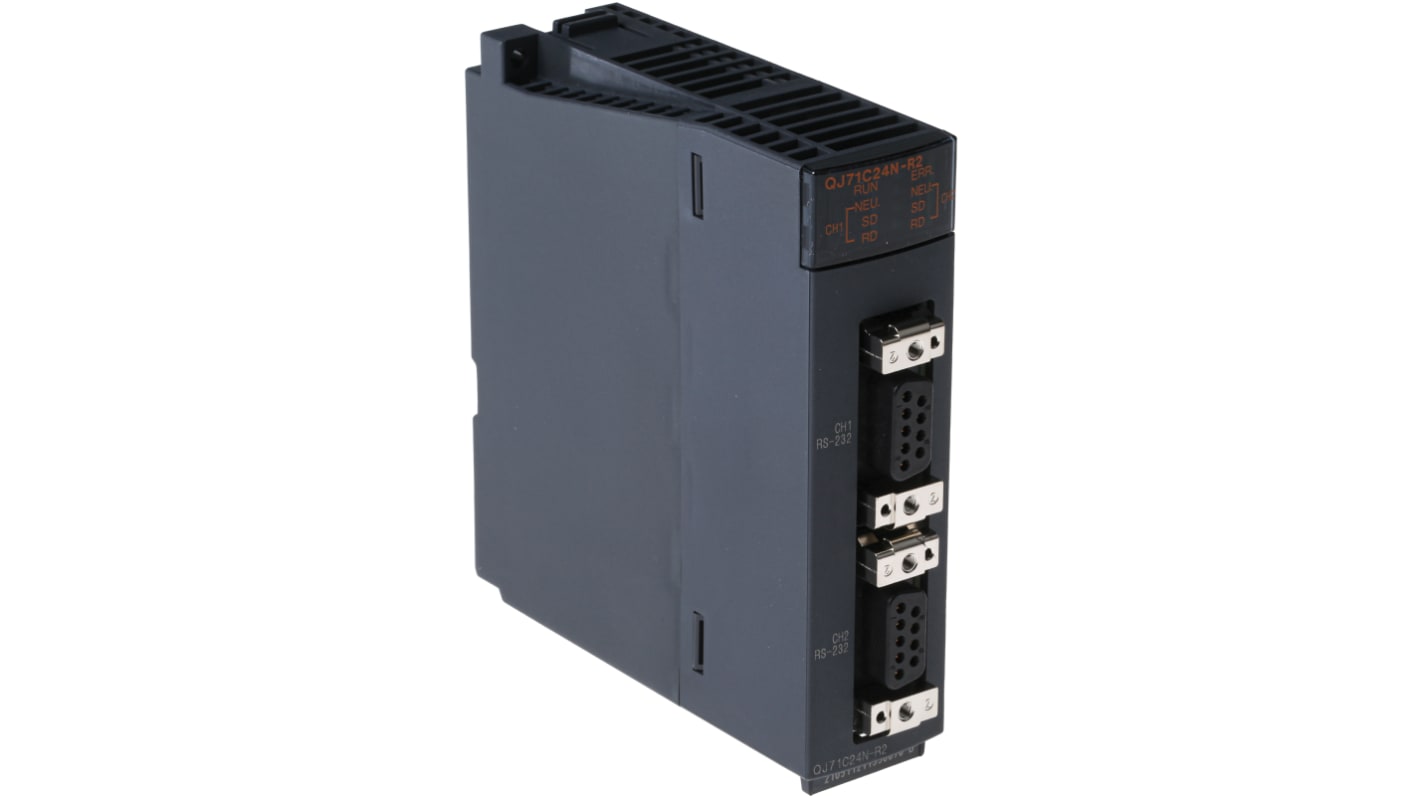 Modulo di comunicazione Mitsubishi Electric QJ71C24N-R2 per serie MELSEC Q, con due porte RS-232 e dimensioni 27,4 x 98 x 90 mm.