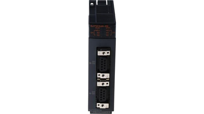 Modulo di comunicazione Mitsubishi Electric QJ71C24N-R2 per serie MELSEC Q, con due porte RS-232 e dimensioni 27,4 x 98 x 90 mm.