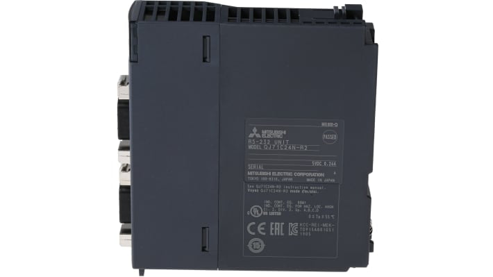 Modulo di comunicazione Mitsubishi Electric QJ71C24N-R2 per serie MELSEC Q, con due porte RS-232 e dimensioni 27,4 x 98 x 90 mm.