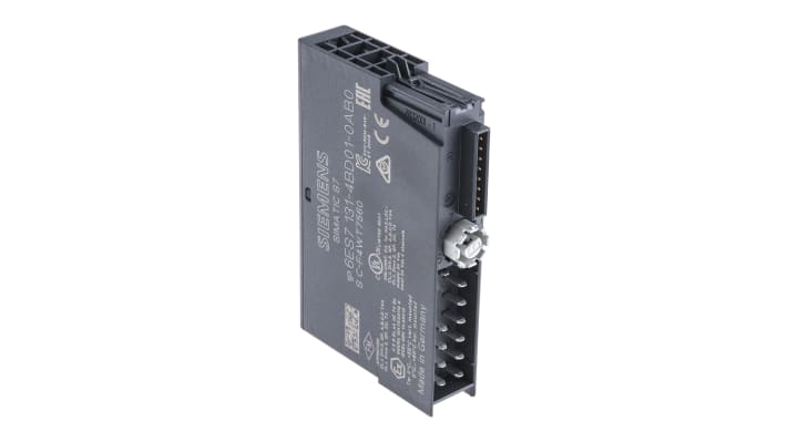 Modulo I/O digitale Siemens 6ES7131-4BD01-0AB0 per SIMATIC ET 200S, 4 ingressi, alimentazione 24 V c.c., dimensioni 81 x 15 x 52 mm.