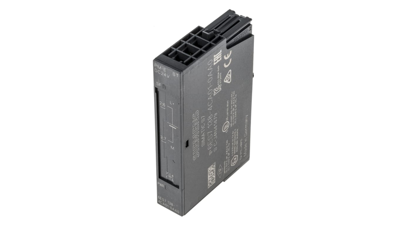 Modulo I/O PLC Siemens 6ES7138-4CA01-0AA0 per Serie ET200S, alimentazione 24 V c.c., dimensioni 81 x 15 x 52 mm.