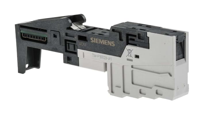 Modulo I/O PLC Siemens 6ES7193-4CC20-0AA0 per serie ET200S, montaggio su guide autobloccanti, compatibile con moduli di alimentazione.