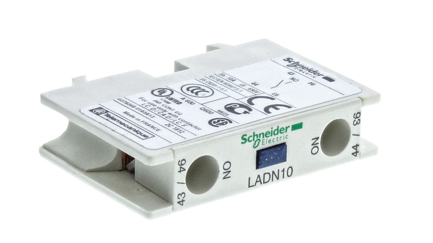 Contatto ausiliario Schneider Electric LADN10 per TeSys D - 1 contatto, montaggio frontale, 690V CA, -5/+60°C. Ideale per circuiti di controllo.