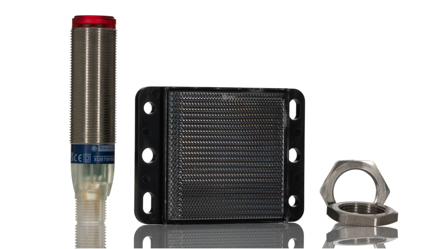 Sensore fotoelettrico cilindrico a retroriflessione Telemecanique Sensors XUBTSPSNM12, rilevamento fino a 1,4 m, connettore M12, IP69K.
