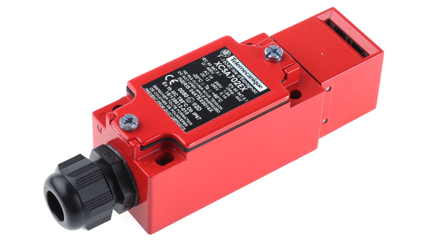 Interruttore di interblocco di sicurezza a chiave Telemecanique Sensors XCSA702EX, IP67, 2NC/1NA, dimensioni 40 x 44 x 113,5 mm.