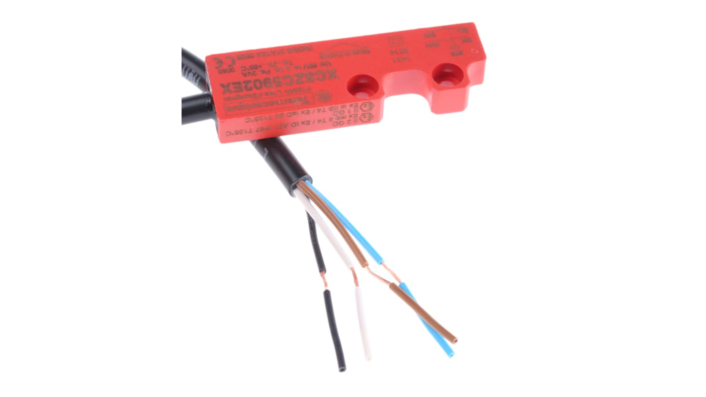 Interruttore di sicurezza senza contatto Telemecanique Sensors XCSDMC5902EX, 24V cc, contatti NC, protezione IP66/IP67, dimensioni 16 x 7 x 51 mm.