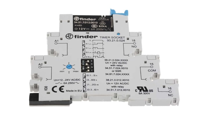 Finder Timer Relay SPDT per guida DIN, intervallo di temporizzazione 0,1 s a 6 h, 1 contatto, alimentazione 12V, montaggio su guida DIN.