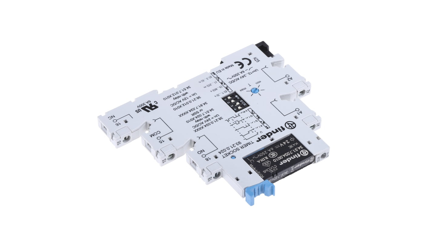 Finder, relè timer multifunzione SPDT per guida DIN, intervallo 0,1 s a 6 h, 24V, 10A, design sottile 6,2 mm.